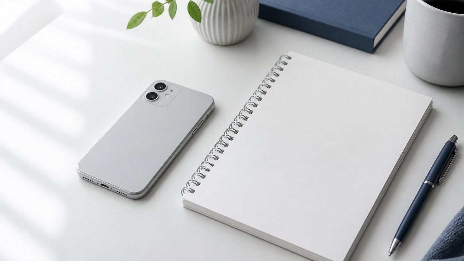 机に伏せて置いたスマートフォンとメモ帳のイメージ