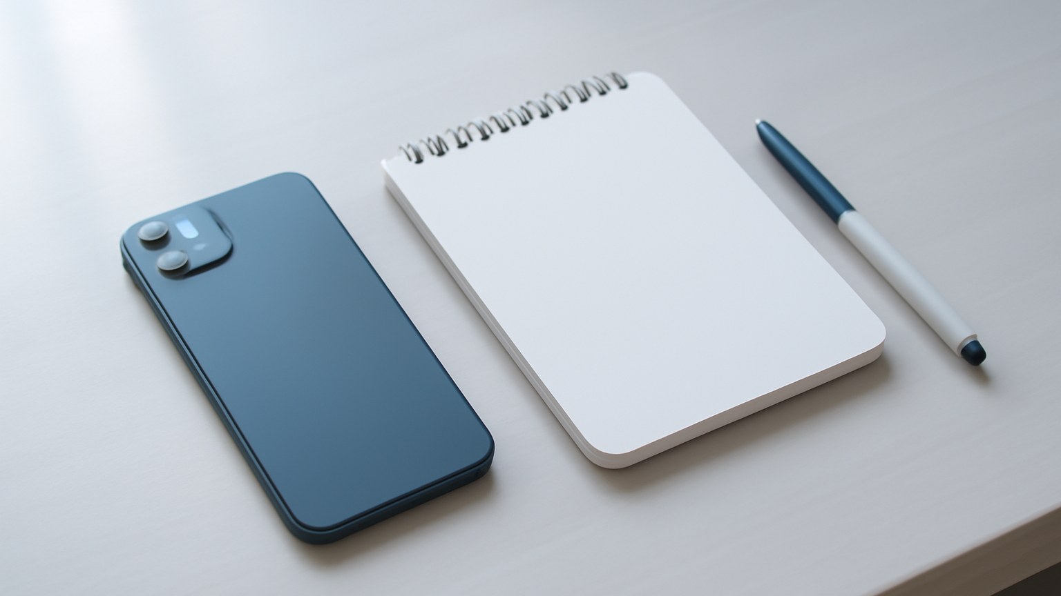 机に伏せて置いたスマートフォンとメモ帳のイメージ