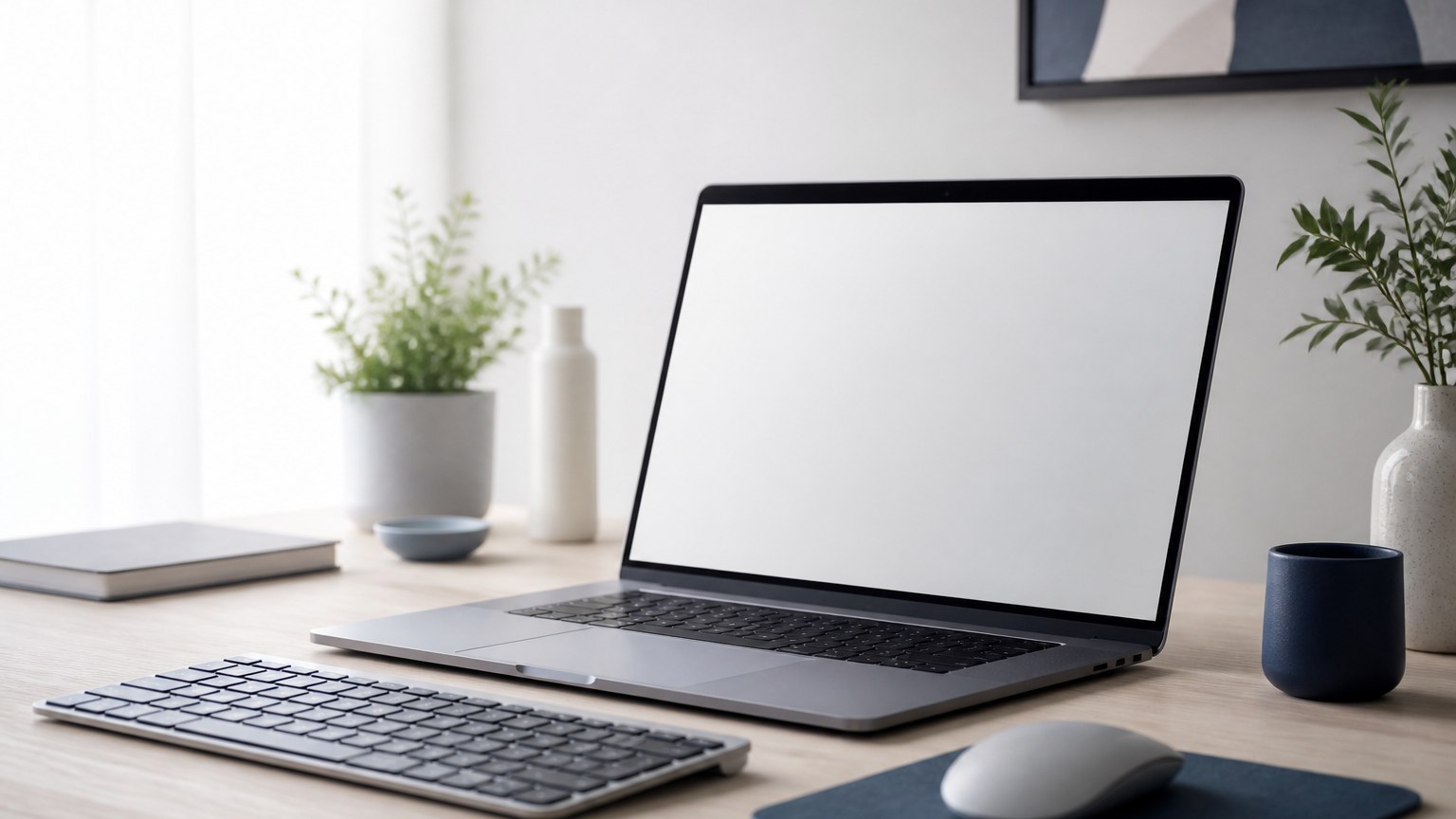 机に置いたノートパソコンと外付けキーボードのイメージ