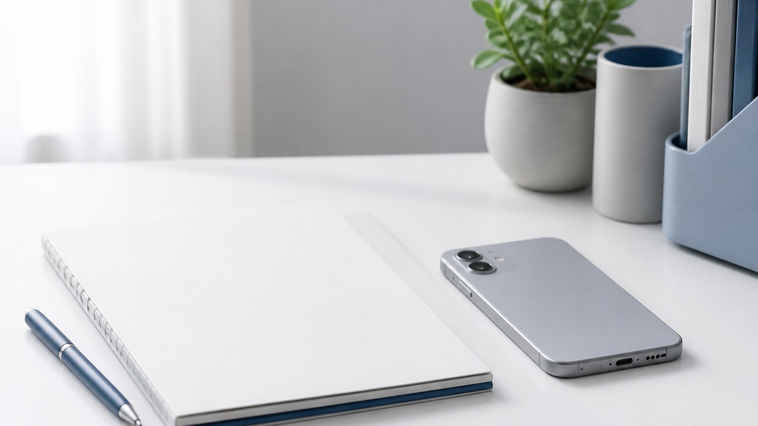 机に伏せて置いたスマートフォンとメモ帳のイメージ