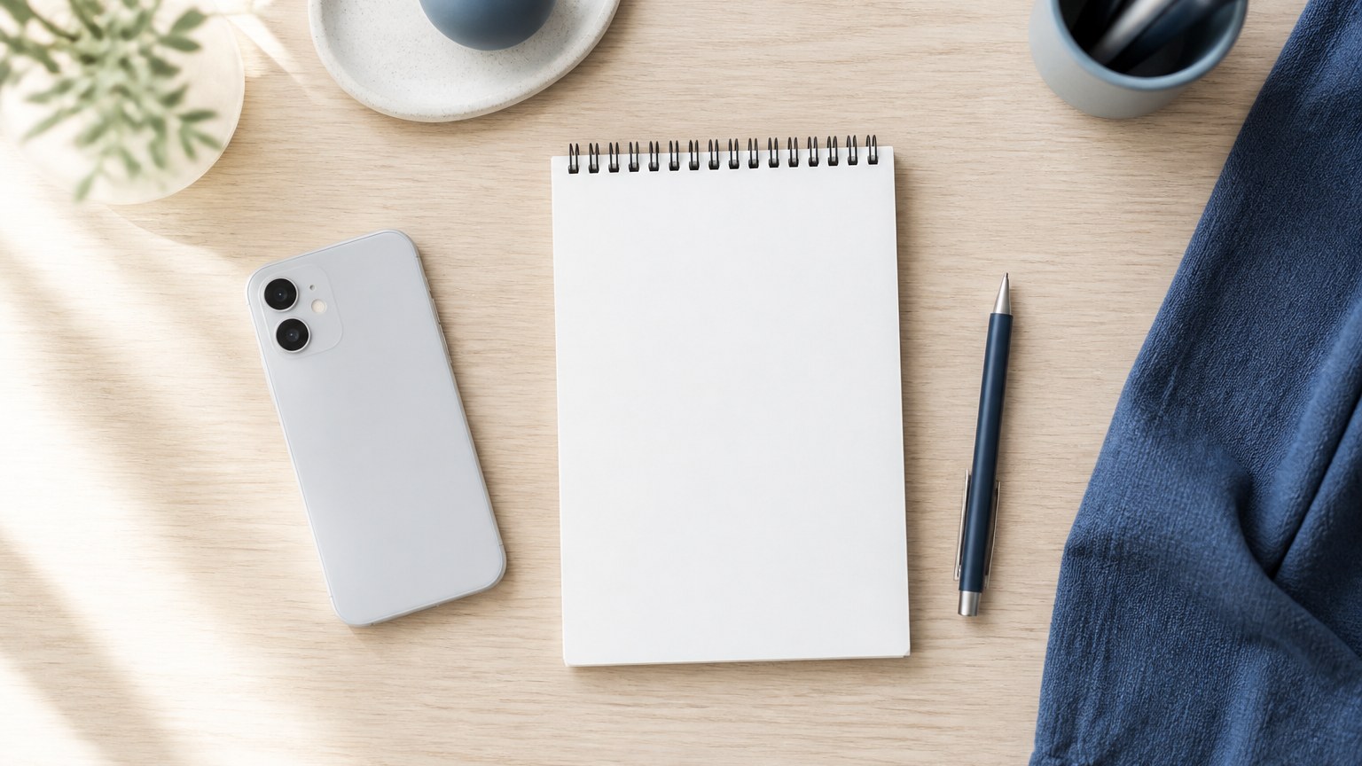 机に伏せて置いたスマートフォンとメモ帳のイメージ