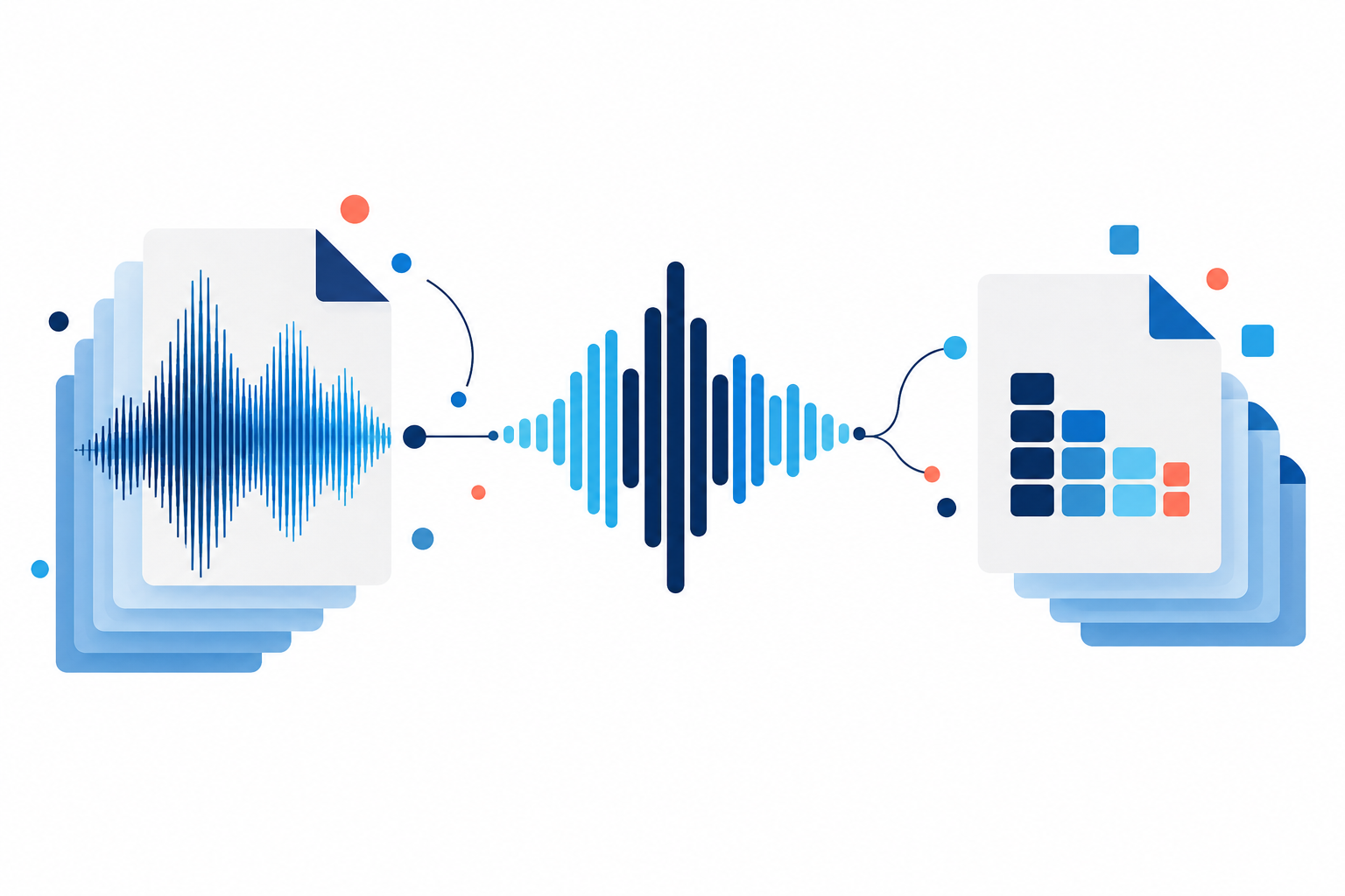 ボイスレコーダーの音声ファイル形式と特徴を象徴するコンセプトイメージ。クリーンなワークスペースに波形やデータファイルのグラフィックが浮かぶ構図。