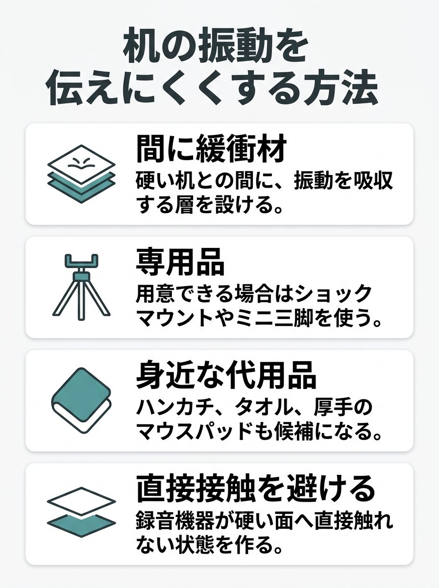 机から伝わる振動と音声波形の間に緩衝層を置く構成を示し、ショックマウント、布類、厚手のマウスパッドという選択肢を整理した図。