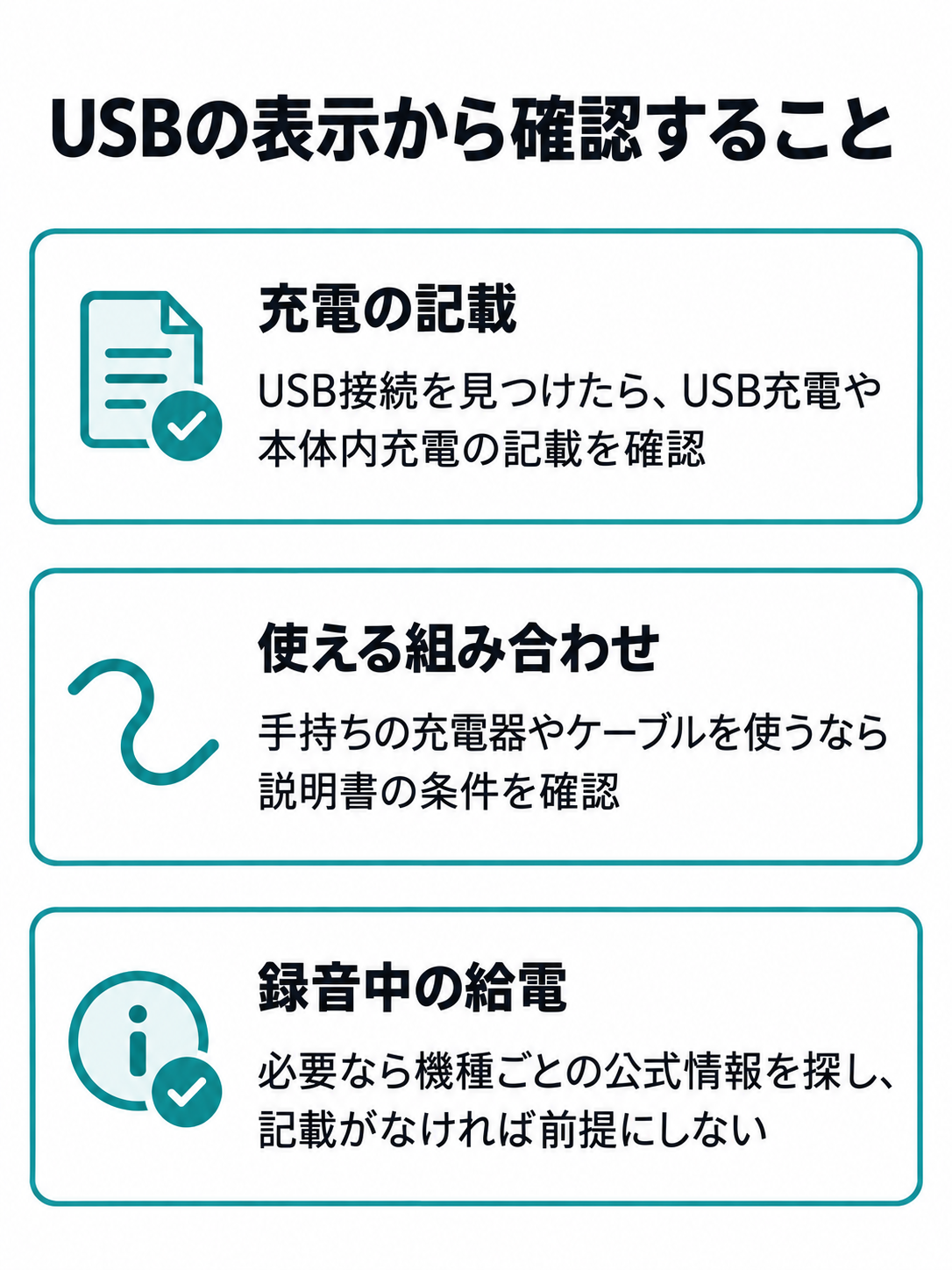 USB接続の表示だけでは充電を判断せず、充電対応、使用条件、充電中の録音への対応を公式情報で分けて確かめるチェック図。