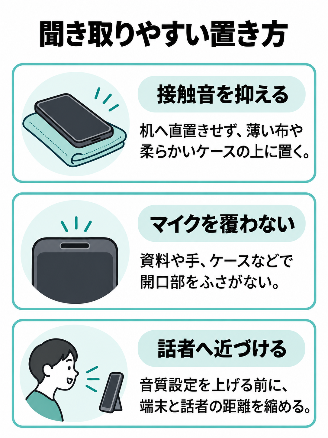 柔らかい物の上に置く、端末を覆わない、参加者へ近づけるというXperiaの録音位置チェックリスト