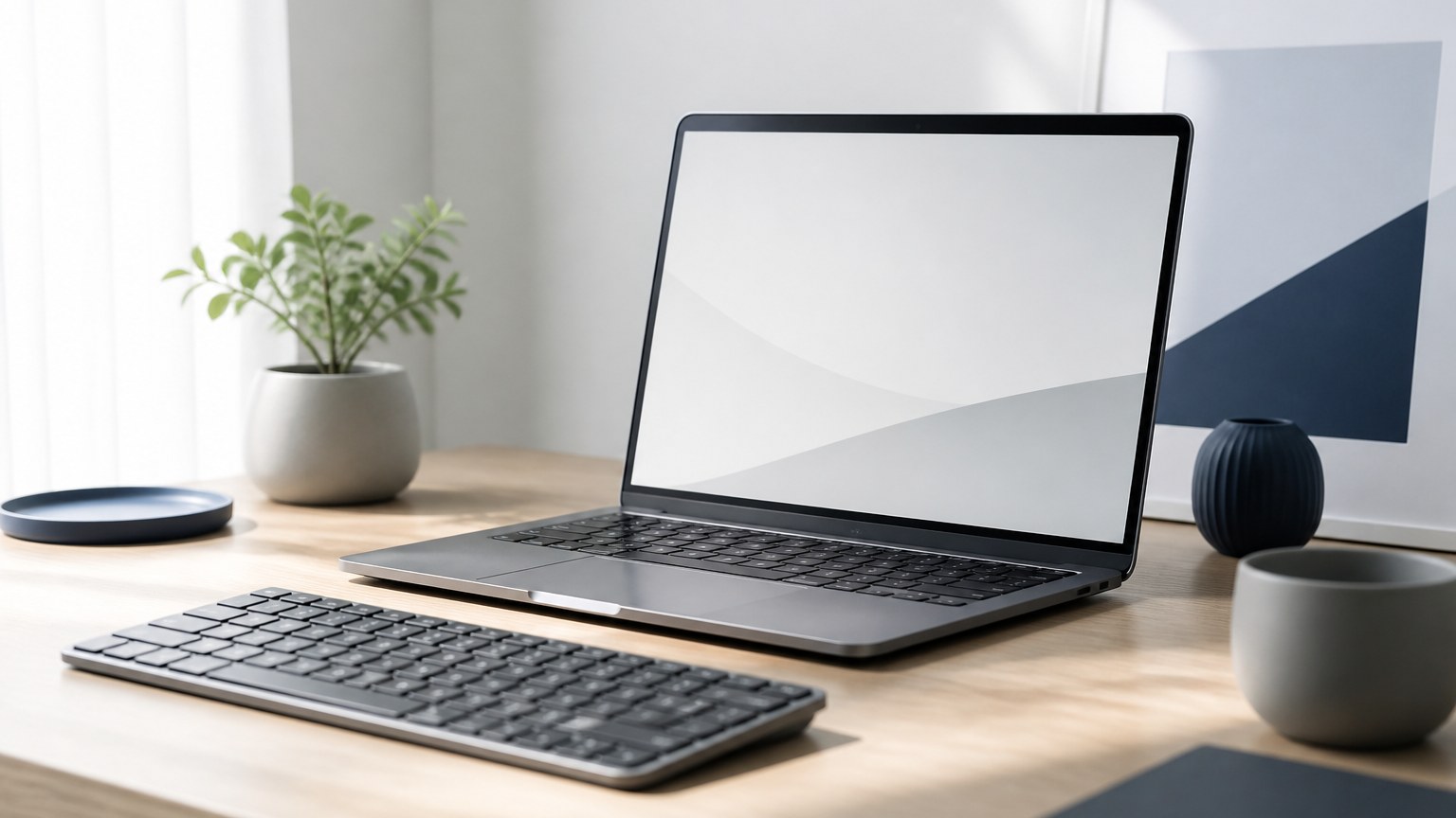 机に置いたノートパソコンと外付けキーボードのイメージ