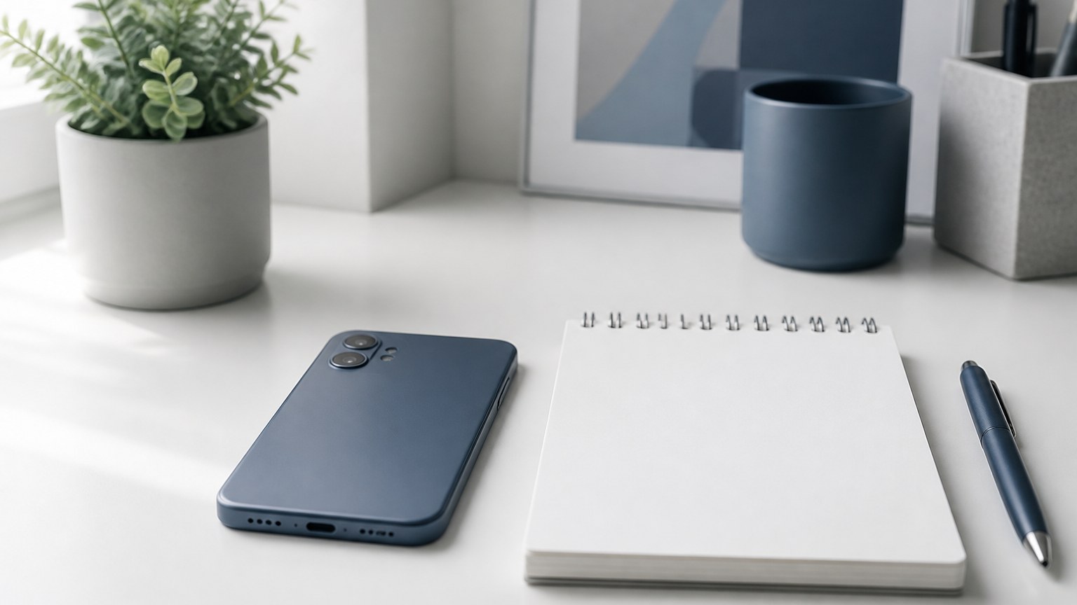 机に伏せて置いたスマートフォンとメモ帳のイメージ