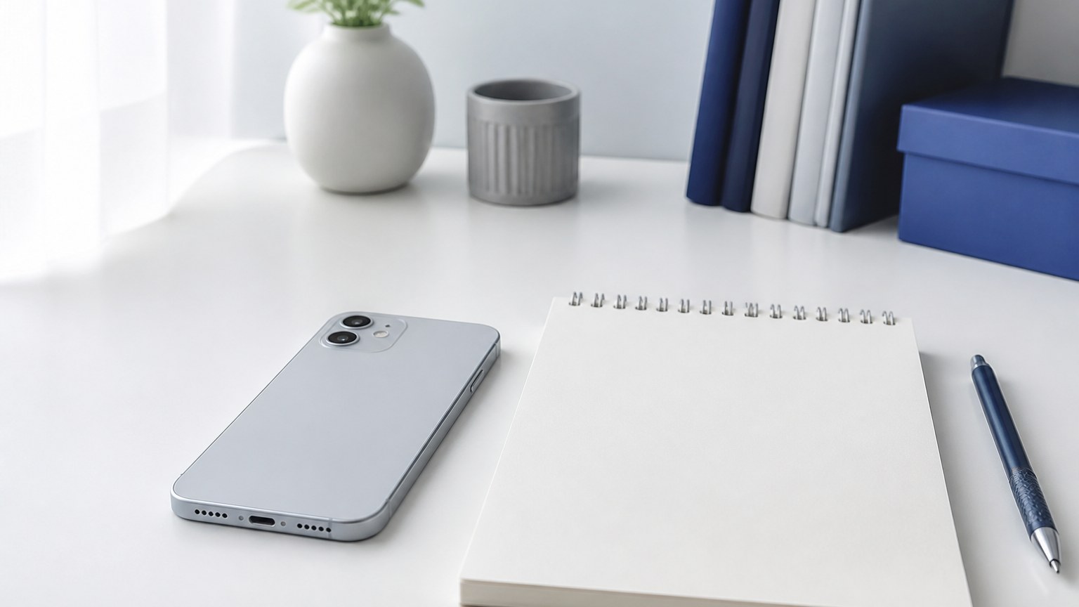 机に伏せて置いたスマートフォンとメモ帳のイメージ