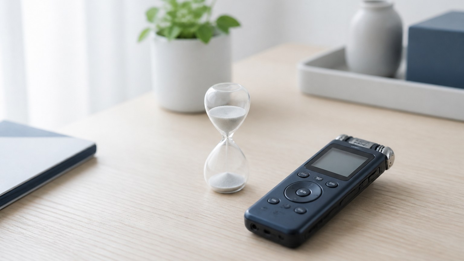 机に置いた砂時計とICレコーダーのイメージ