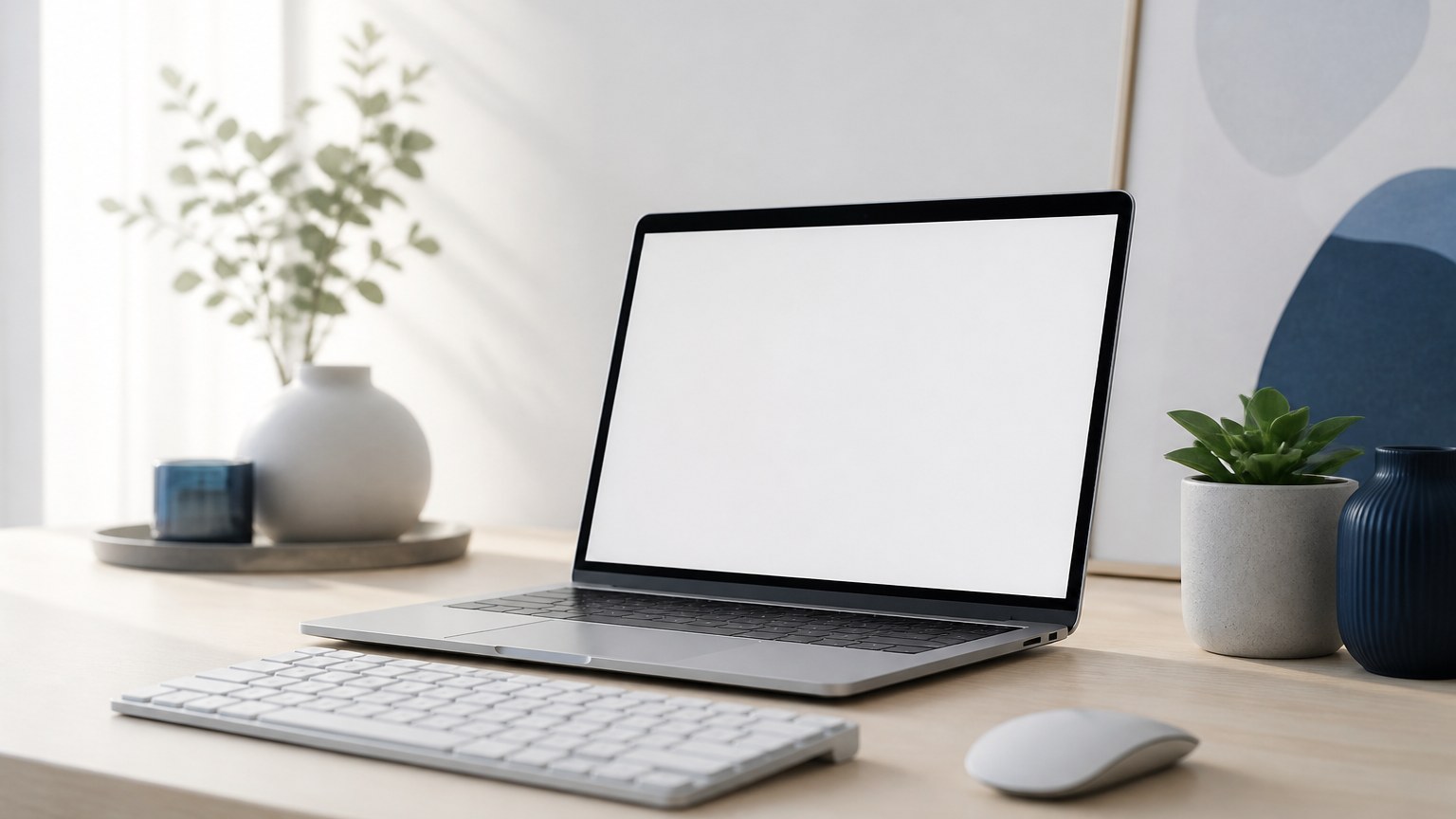 机に置いたノートパソコンと外付けキーボードのイメージ