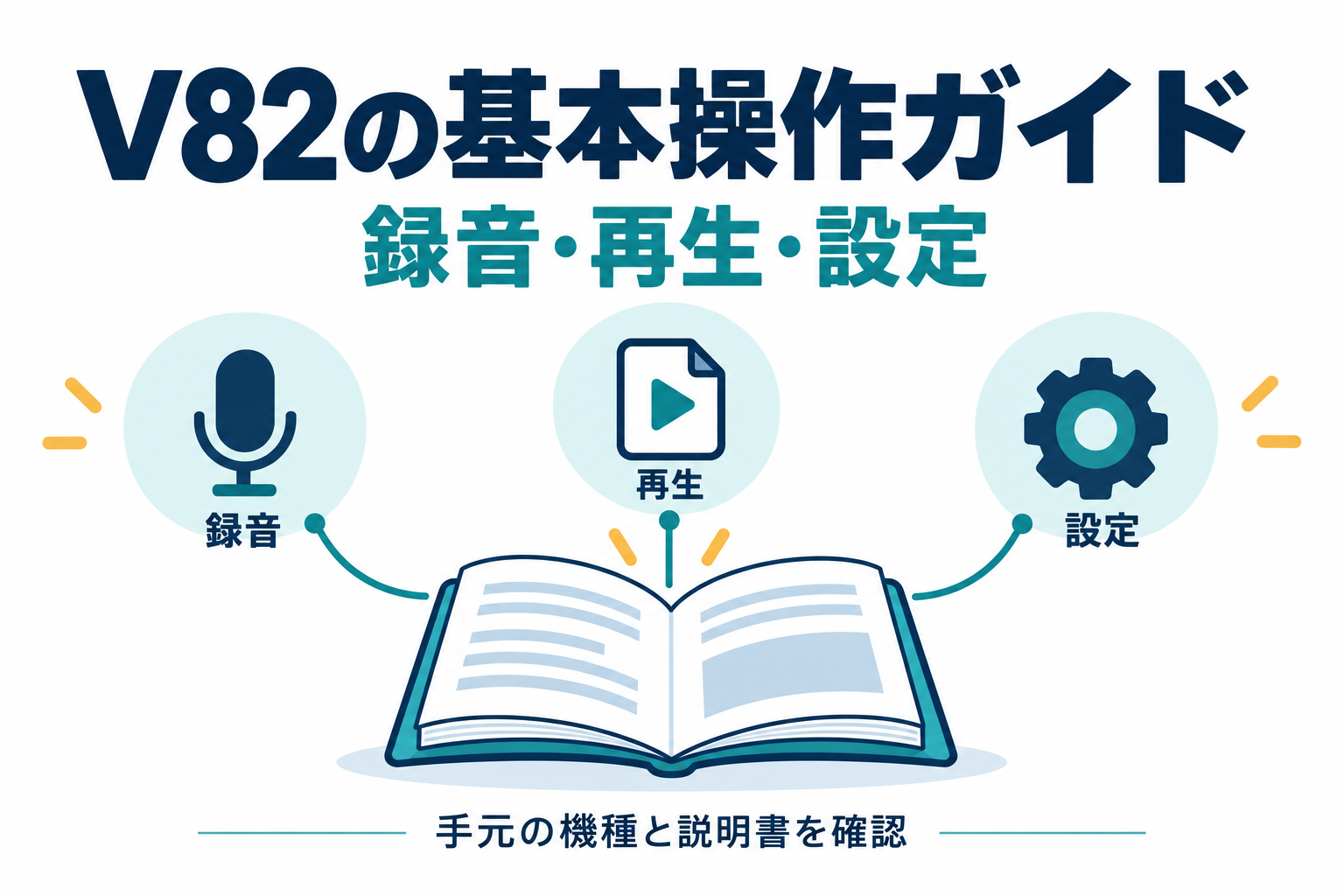 V82の録音・再生・設定を説明書と抽象アイコンで示す表紙。実機の外観は描いていない。