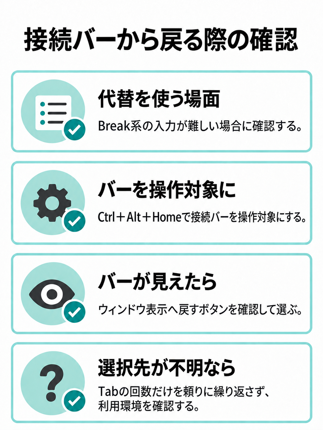 Break系の入力が難しいときに、接続バーの呼び出し、表示の確認、戻す操作、表示を確認できない場合の確認先を示す図。